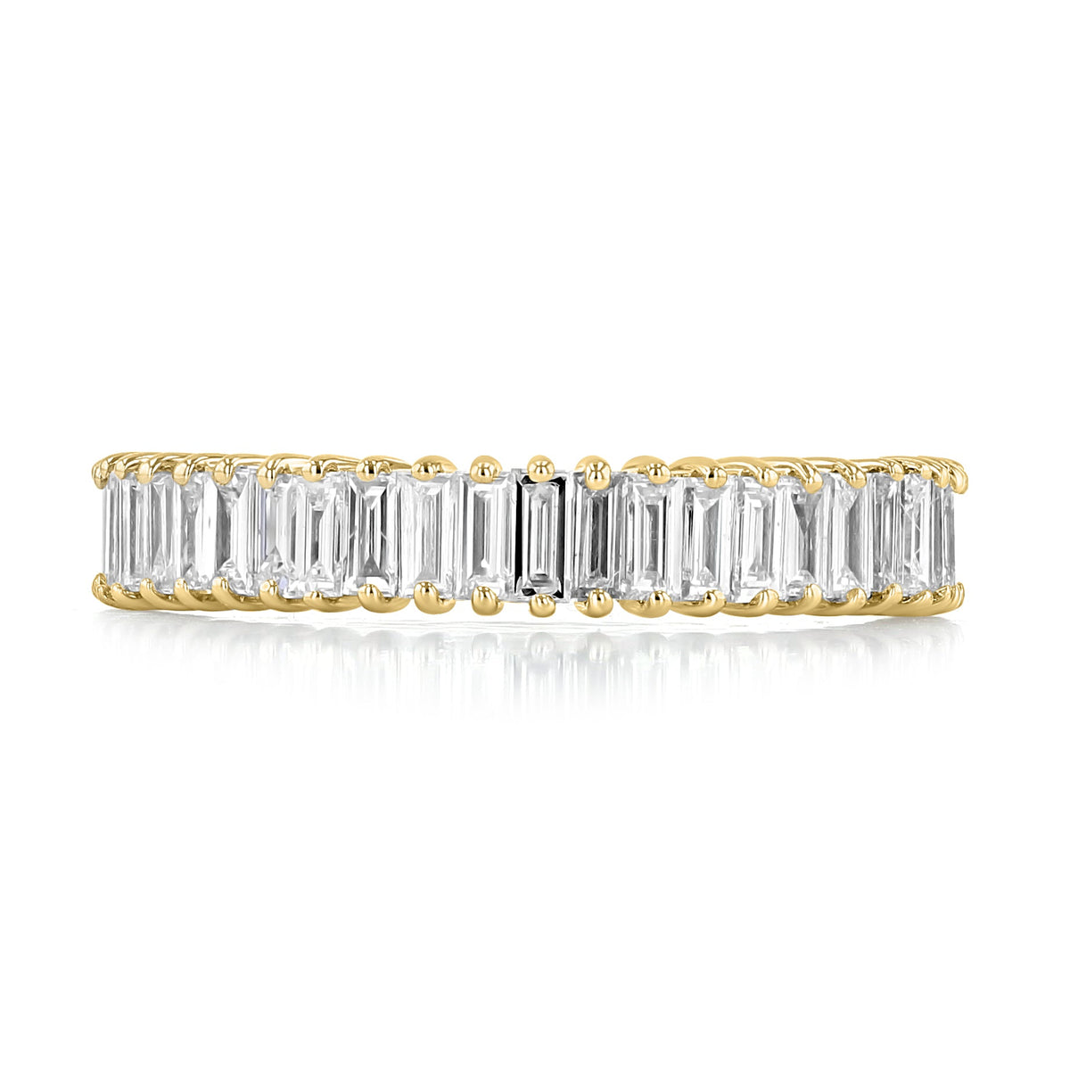 Gold eternity band set with a continuous row of baguette-cut diamonds.