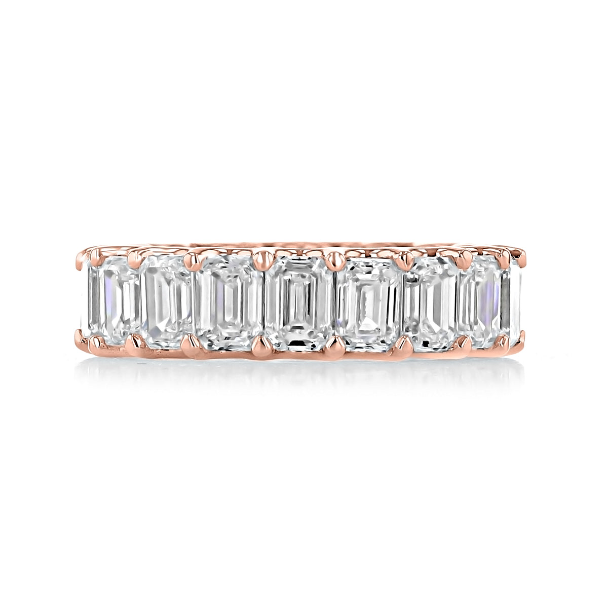 Neva | Emerald Cut Lab Diamond Wedding Band in rose gold, featuring a continuous row of prong-set emerald-cut diamonds.