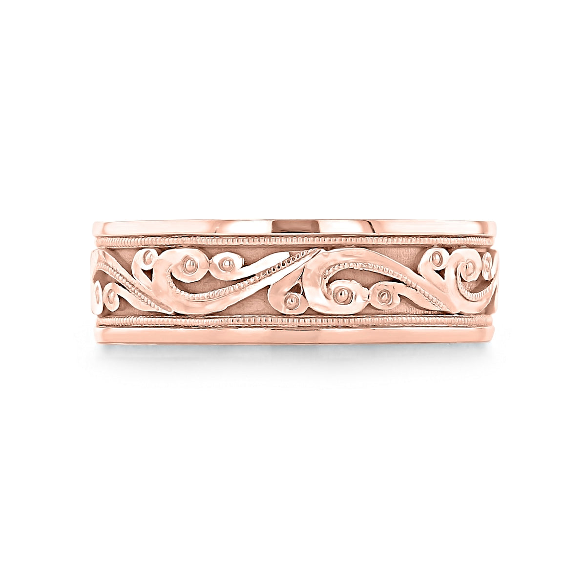 Tacori Sculpted Crescent | Wedding Band - 104-7R, a rose gold men’s ring featuring an intricate, swirling relief pattern bordered by beaded edges.