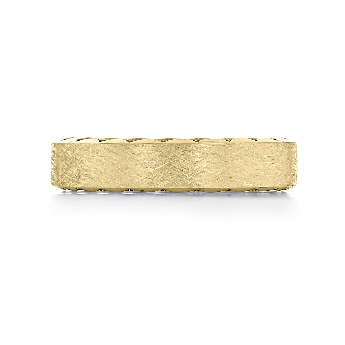 A yellow gold Tacori Sculpted Crescent | Wedding Band - 105-5YB featuring a brushed, textured finish and scalloped edges.