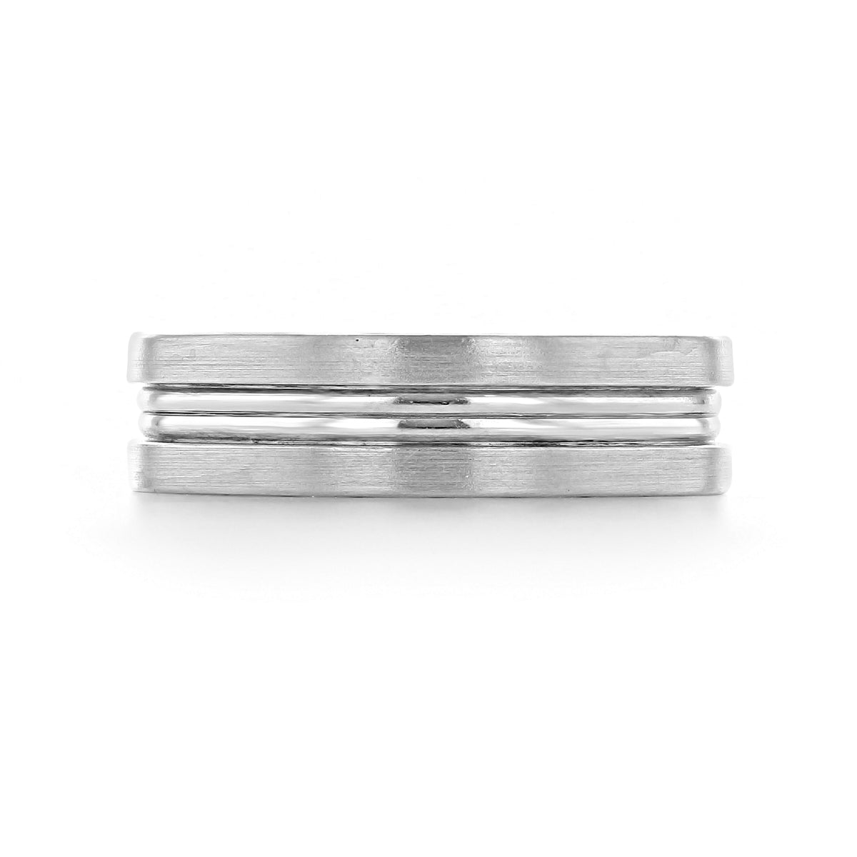 A Tacori Sculpted Crescent | Wedding Band - 109-6WS in white gold, featuring a flat outer surface with three horizontal grooves centered around the middle.