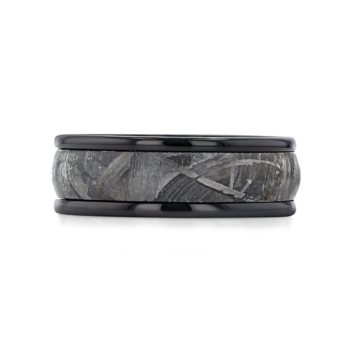 Triton Black Tungsten Carbide 8mm Men’s Meteorite Wedding Band | 11-6082 featuring a textured, grey meteorite inlay between smooth, polished edges.