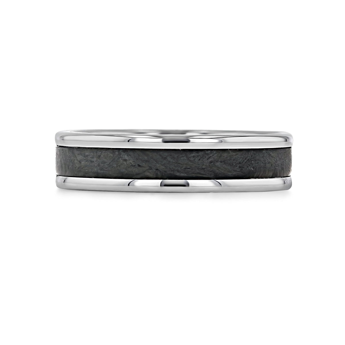 Triton Tungsten Carbide 6mm Men’s Carbon Fiber Wedding Band 11-6195, featuring a silver-toned band with a textured black carbon fiber inlay between two polished metal rims.