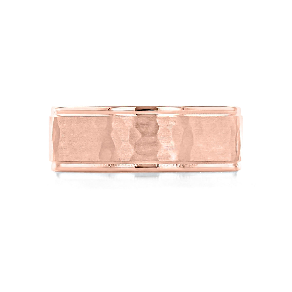 Hammered Wedding Band 11-8864W rose gold men’s wedding band featuring a hammered center finish and polished edges.