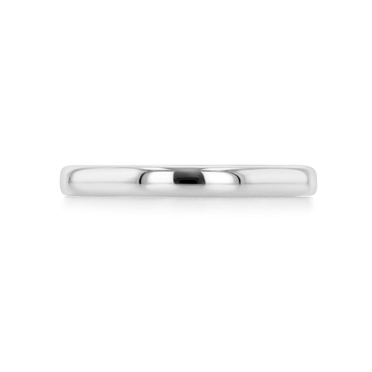The Clarita | 2mm Low Dome Polished Wedding Band is a thin, polished silver-tone ring with a classic low-dome profile.