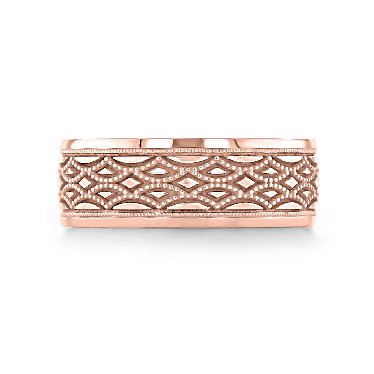 Sculpted Crescent | Wedding Band - 116-8R in rose gold featuring an intricate filigree pattern of repeating diamond shapes and milgrain details.