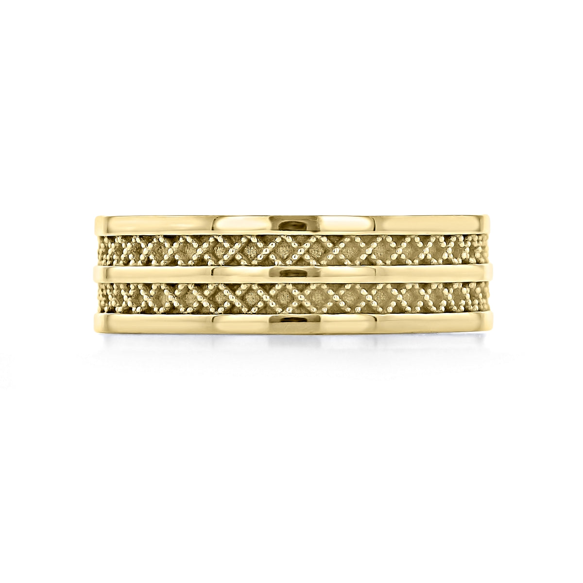 The Sculpted Crescent | Wedding Band - 121-7Y is a 7mm yellow gold wedding band featuring a repeating textured cross-hatch pattern between polished horizontal edges.