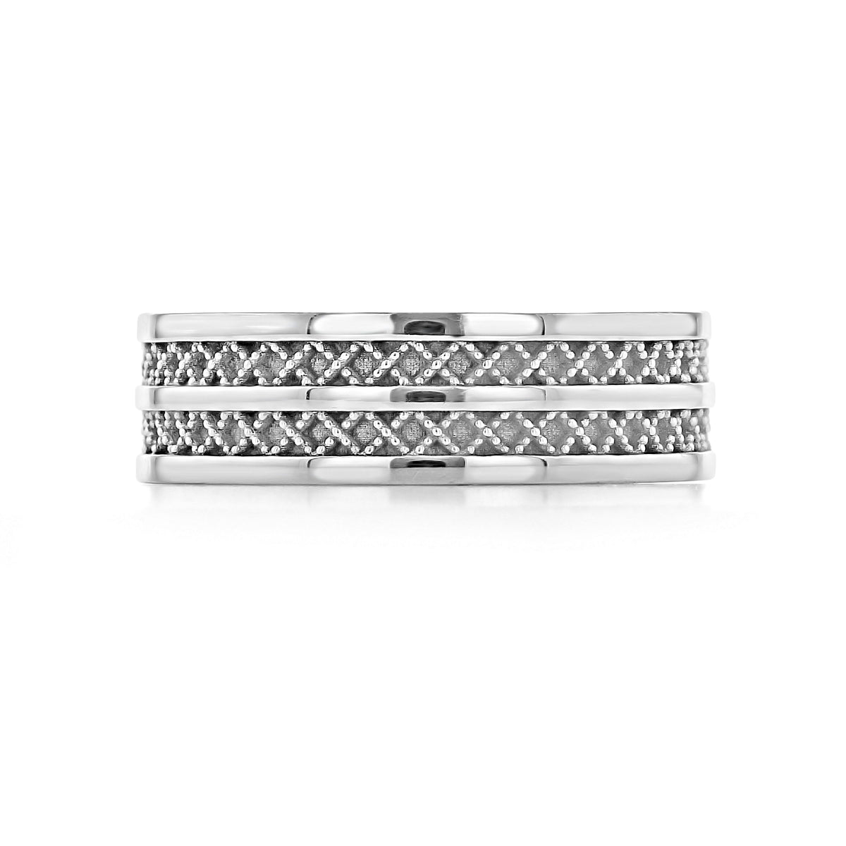 A 7mm silver Tacori Sculpted Crescent | Wedding Band - 121-7 featuring two rows of textured, crisscross detailing separated by a central smooth horizontal bar.