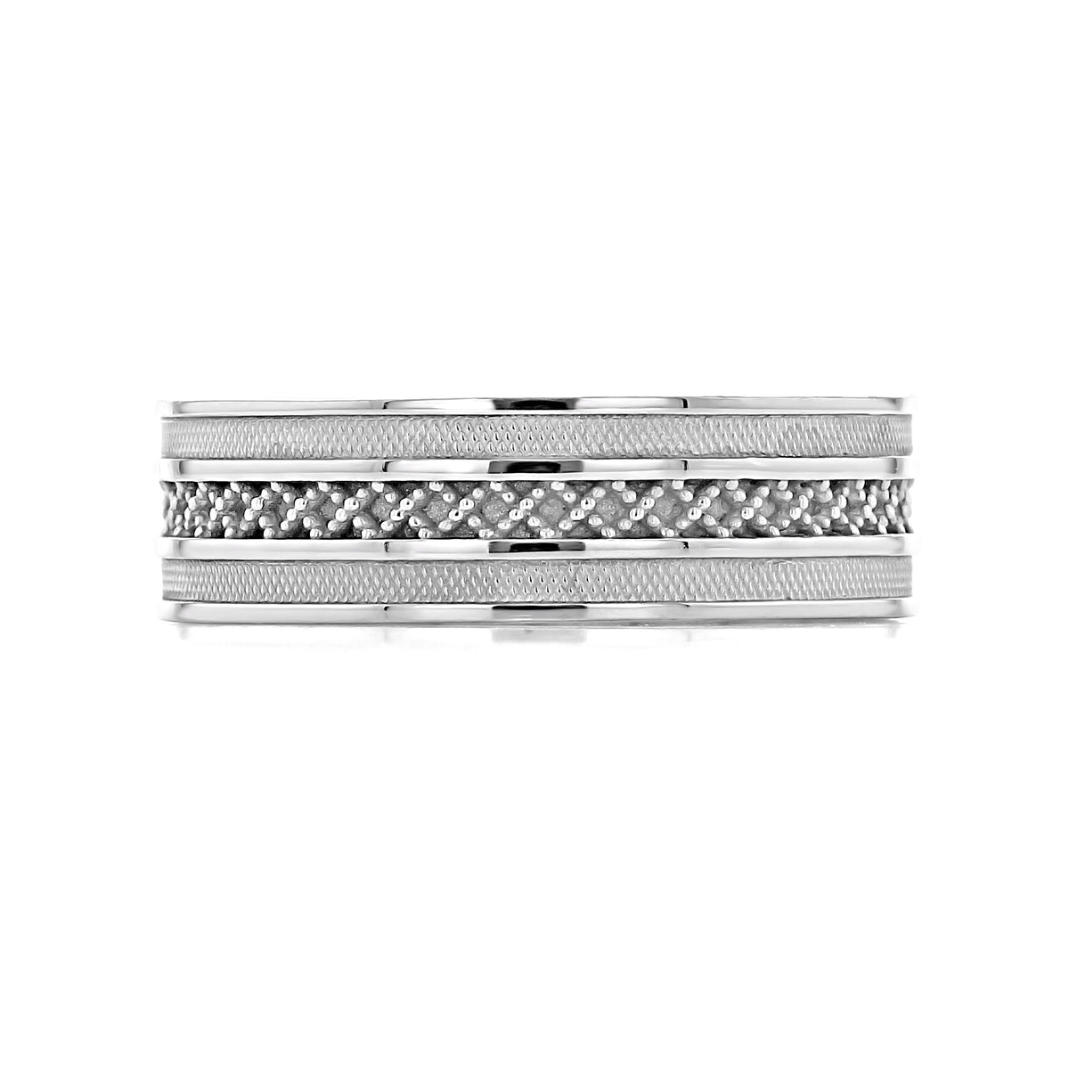 Sculpted Crescent | Wedding Band - 122-7, a 7mm silver band featuring a central row of textured crisscross detailing flanked by two horizontal etched bands.