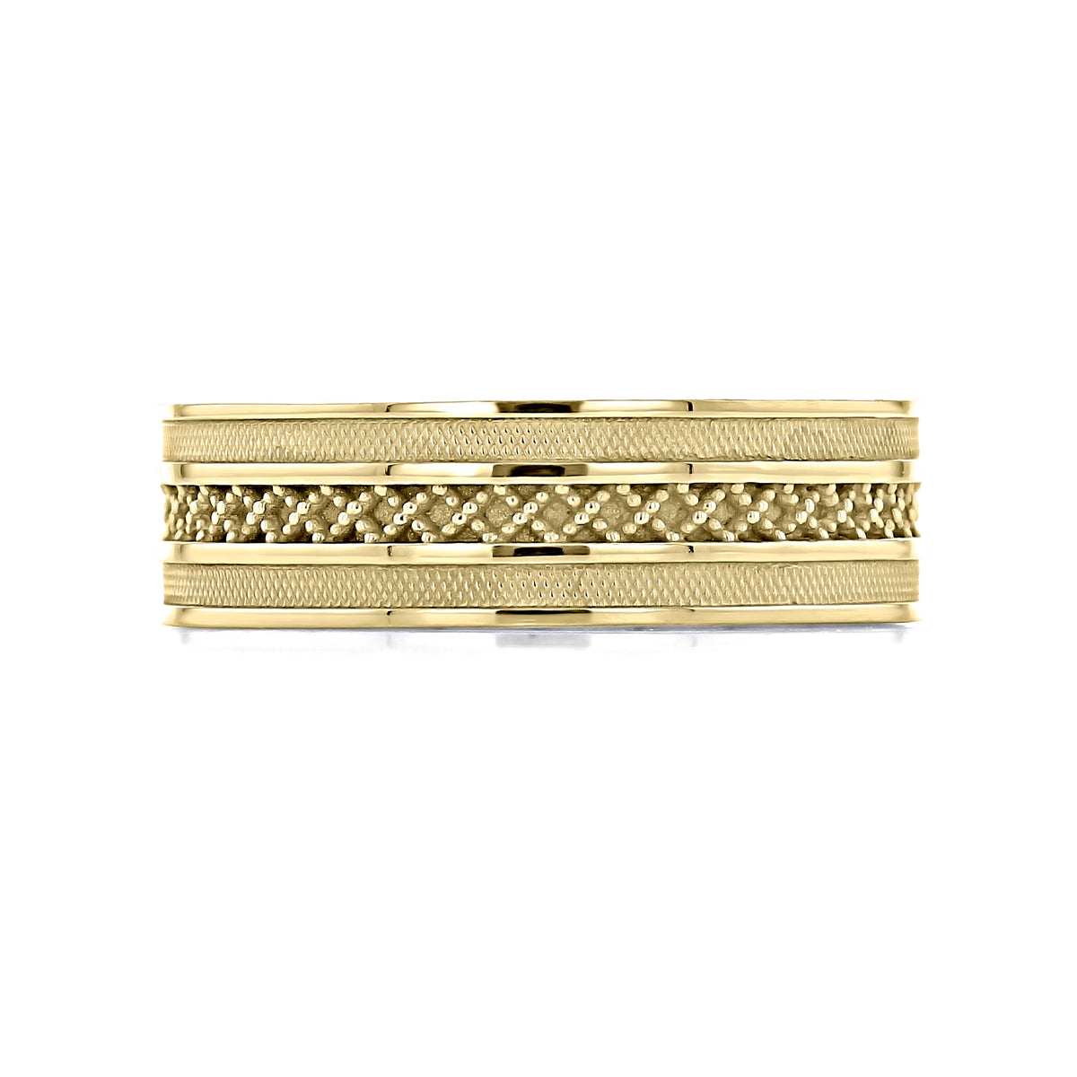 Yellow gold Sculpted Crescent | Wedding Band - 122-7Y by Tacori, featuring a central row of textured, interconnected circular patterns flanked by two rows of fine milgrain detailing.
