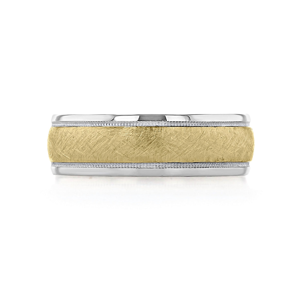 Sculpted Crescent | Wedding Band - 130-7WYB, a two-tone ring featuring a brushed gold center stripe framed by silver edges with milgrain details.