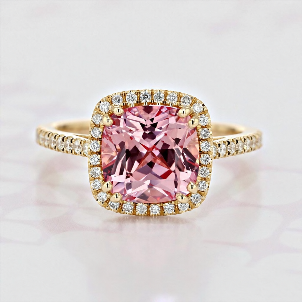 Champagne Sapphire Halo Engagement Ring | 2006291 featuring a cushion-cut pink gemstone in a yellow gold halo setting with pavé diamonds on the band.