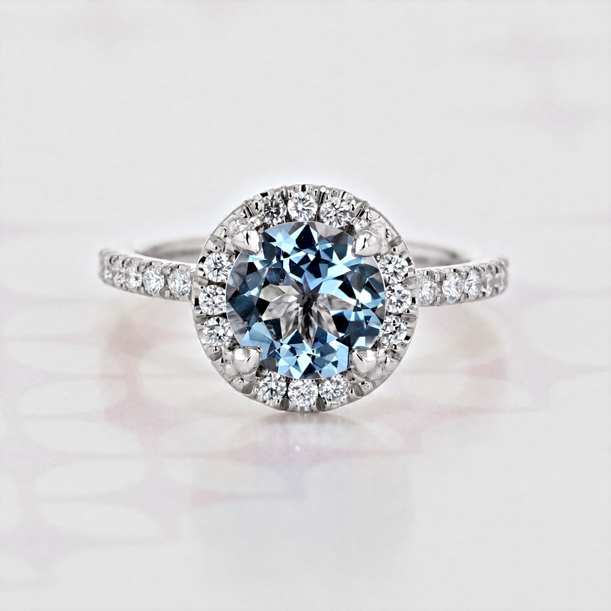 Aquamarine Halo Engagement Ring | 2006300, a round aquamarine ring featuring a diamond halo and diamond-accented band.