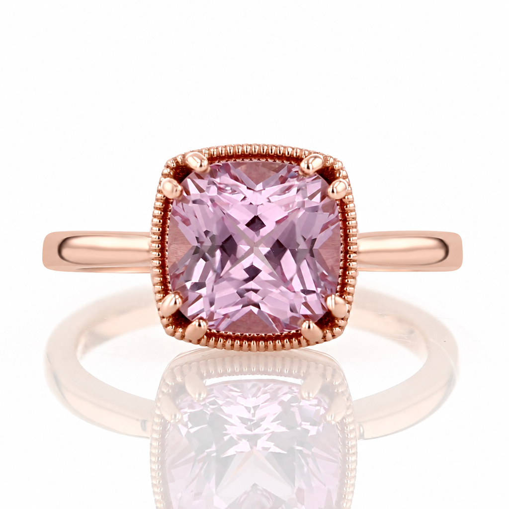 Makur Pink Champagne Sapphire Bezel Solitaire 2006707, a rose gold ring featuring a cushion-cut pink champagne sapphire in a beaded bezel setting.