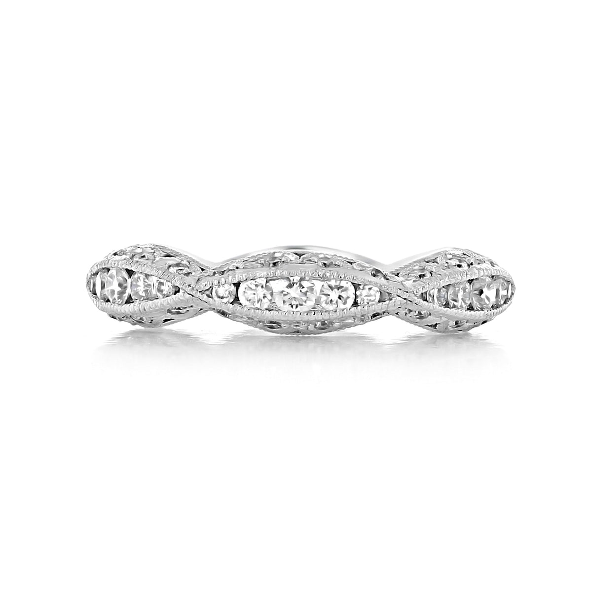 A Classic Crescent | Diamond Band - 2578B5W, a silver eternity band with a ribbon-twist design and milgrain-edged details, featuring pavé-set diamonds.