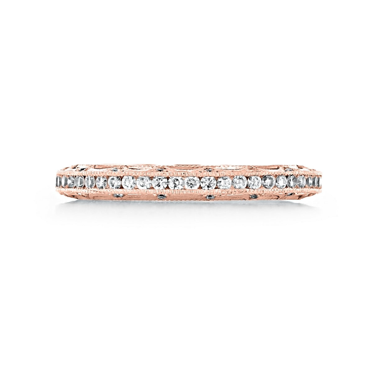 Stunning rose gold Reverse Crescent | Diamond Band - 2617B12PK featuring a channel of round diamonds with Tacori crescent and engraved detailing on the edges.