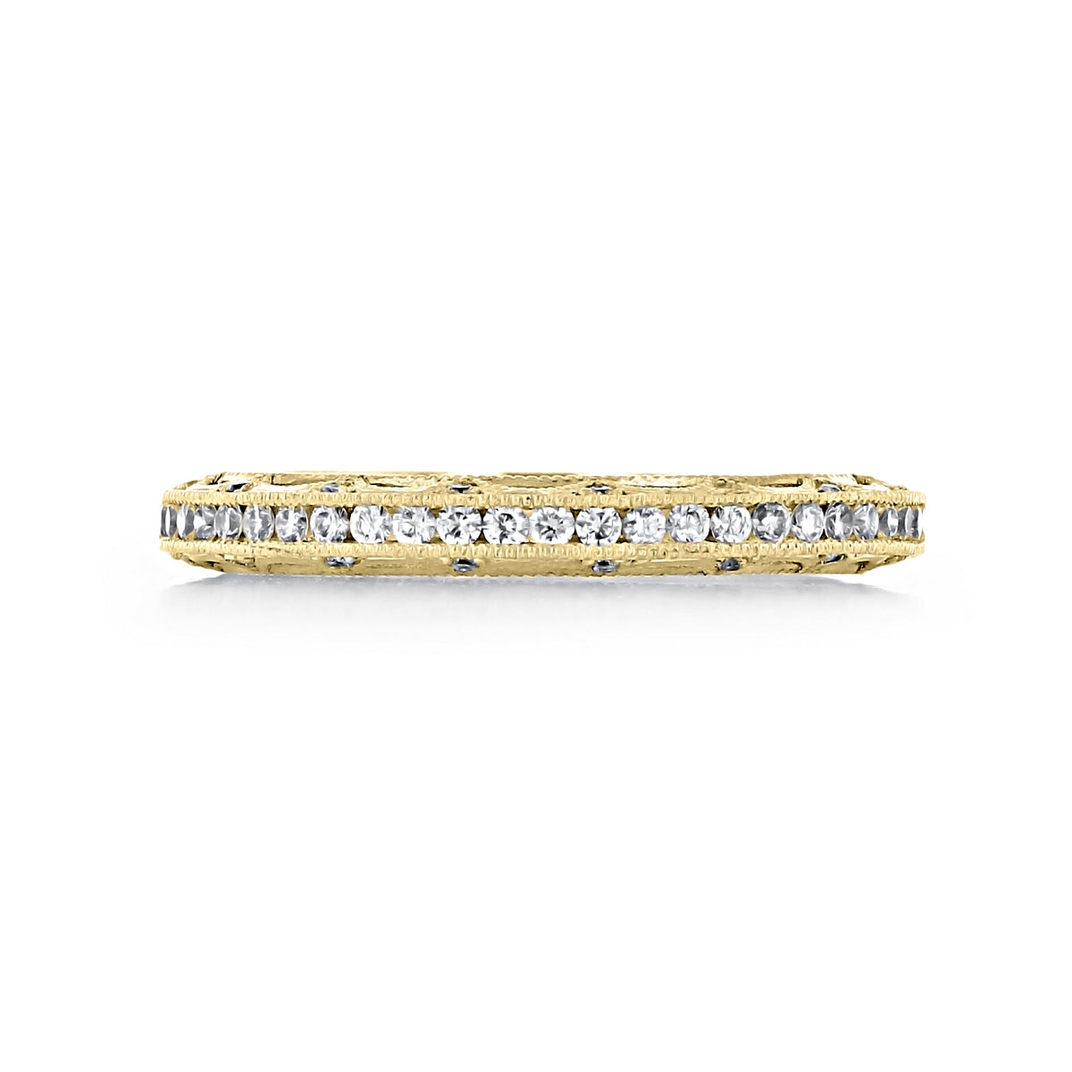Tacori Reverse Crescent | Diamond Band - 2617B12Y yellow gold eternity wedding band featuring a row of channel-set round diamonds framed by signature crescent filigree edges.