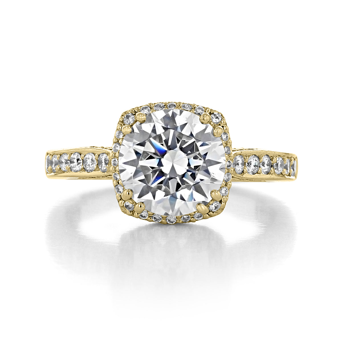 Yellow gold Tacori Dantela | Round Bloom Engagement Ring - 2620RDLGPY featuring a round center stone surrounded by a diamond halo and accented with diamonds along the band.