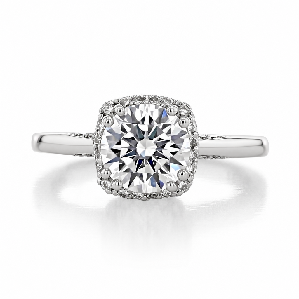 Dantela | Round Bloom Engagement Ring - 2620RDMDW featuring a round solitaire diamond with a cushion-shaped halo of pavé-set accent diamonds.