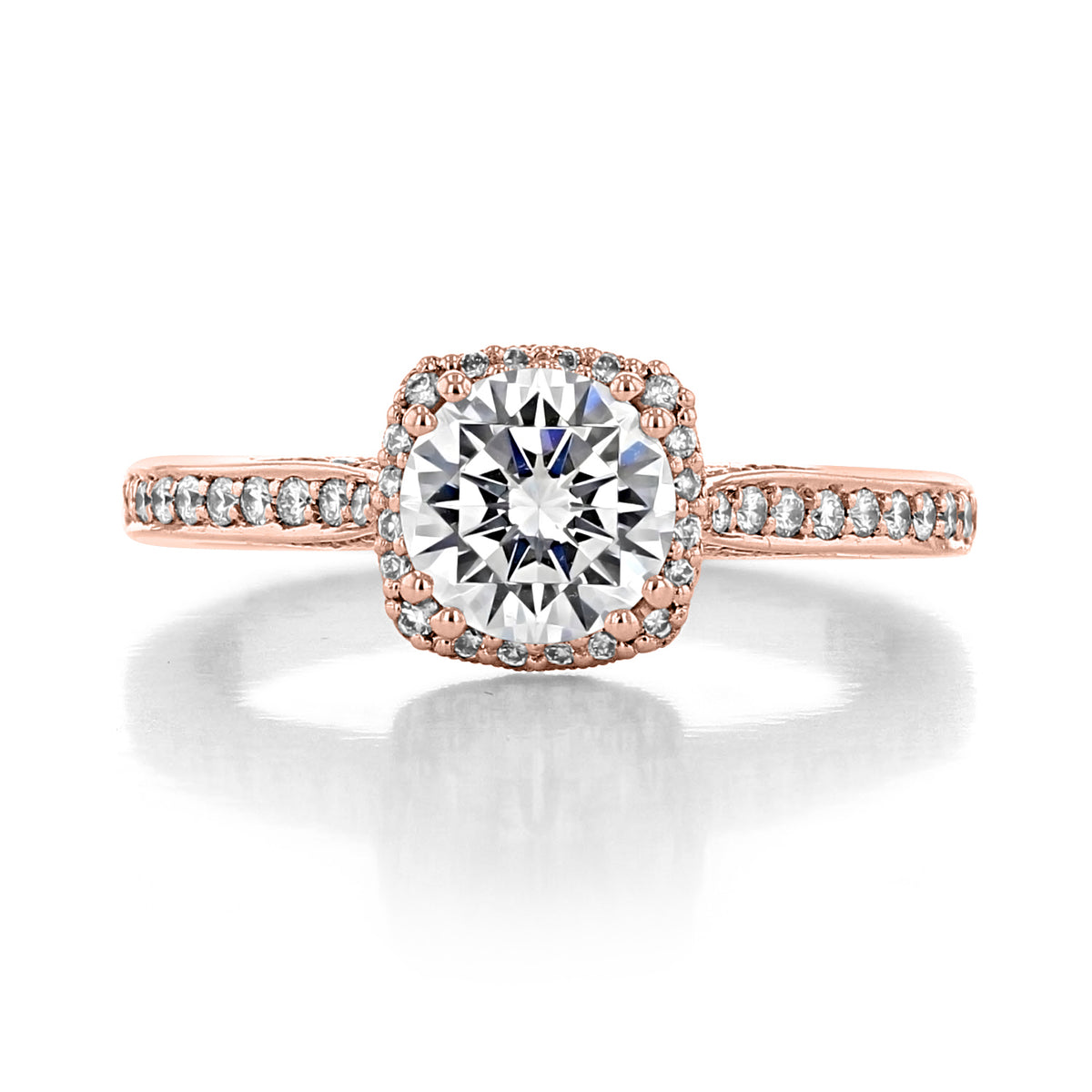 Tacori Dantela | Round Bloom Engagement Ring 2620RDSMPPK featuring a round-cut diamond in a cushion-shaped halo set on a rose gold band with diamonds.