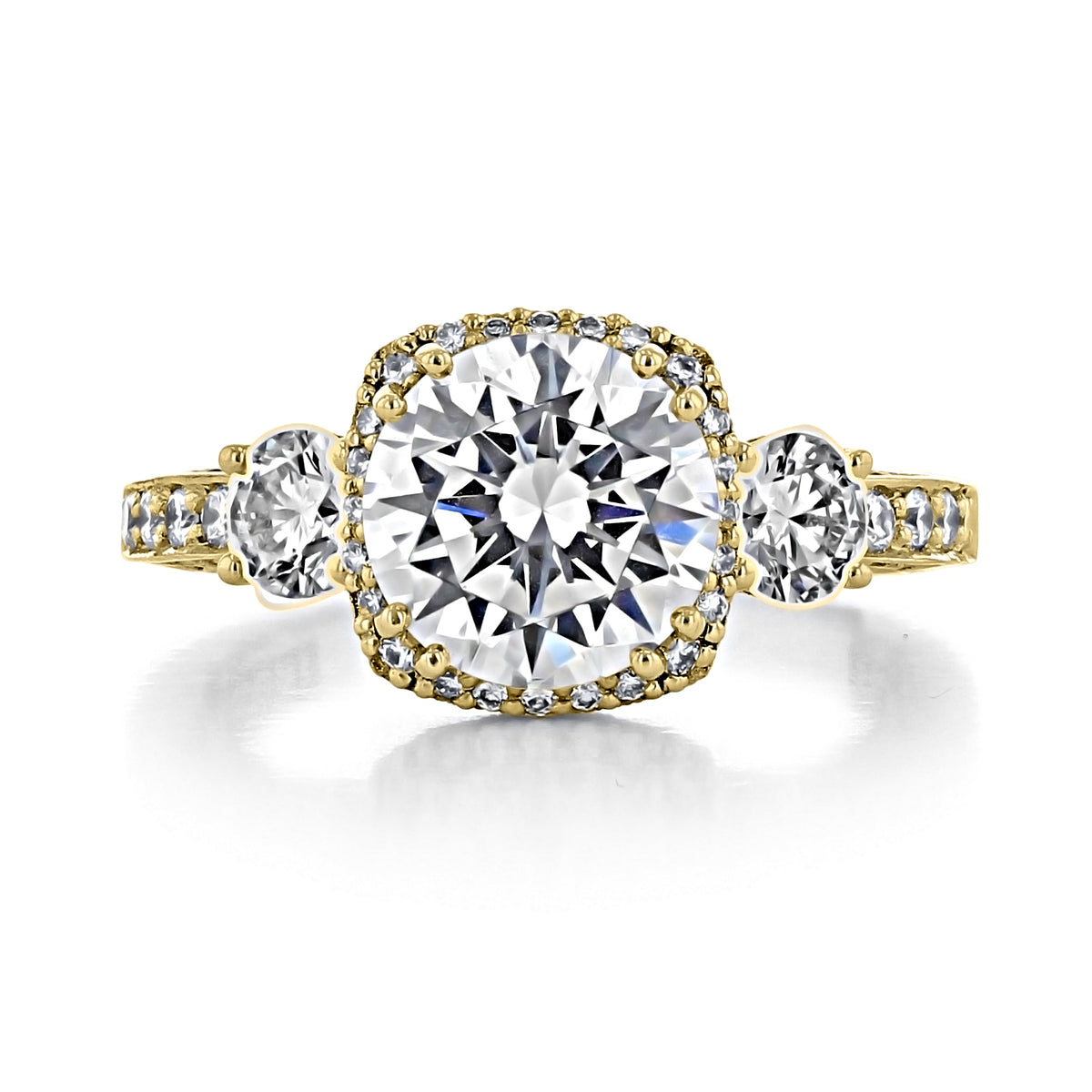 Dantela | Round Bloom Engagement Ring - 2623RDLGPY in yellow gold, featuring a large round center diamond framed by a diamond bloom, with a smaller round diamond on each side.