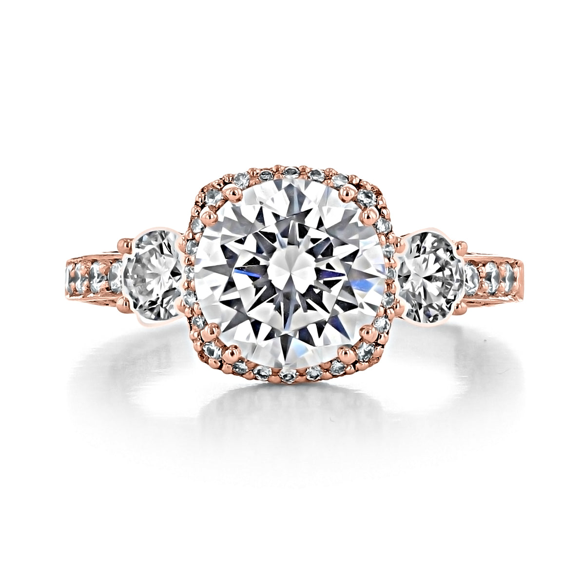 A rose gold Tacori Dantela | Round Bloom Engagement Ring - 2623RDLGPPK featuring a round center diamond in a cushion-shaped halo, accented by side stones and diamond-studded shoulders in a three-stone design.