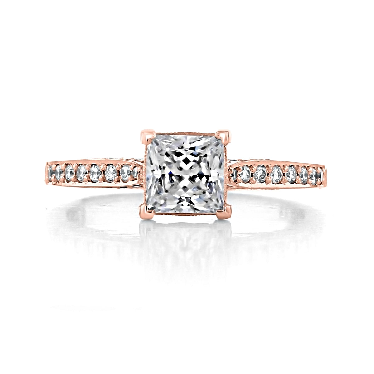Handcrafted Tacori Dantela | Princess Solitaire Engagement Ring - 2638PRP55PK in rose gold featuring a princess-cut diamond solitaire with pavé-set diamonds along the band.