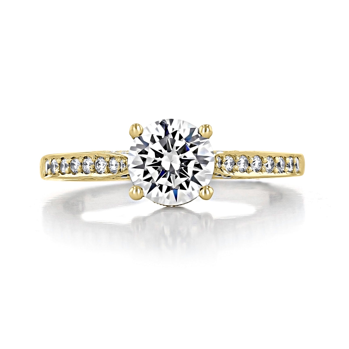 Yellow gold Tacori Dantela | Round Solitaire Engagement Ring 2638RDP65Y with a round center stone and pavé diamonds set along the band.