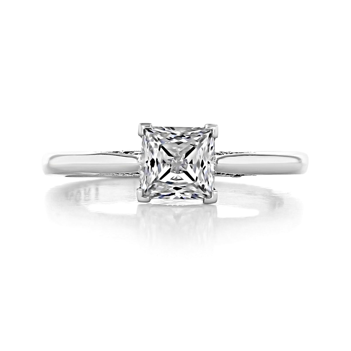 A Simply Tacori | Princess Solitaire Engagement Ring - 2650PR55W featuring a princess-cut diamond solitaire set in a silver-toned metal band.