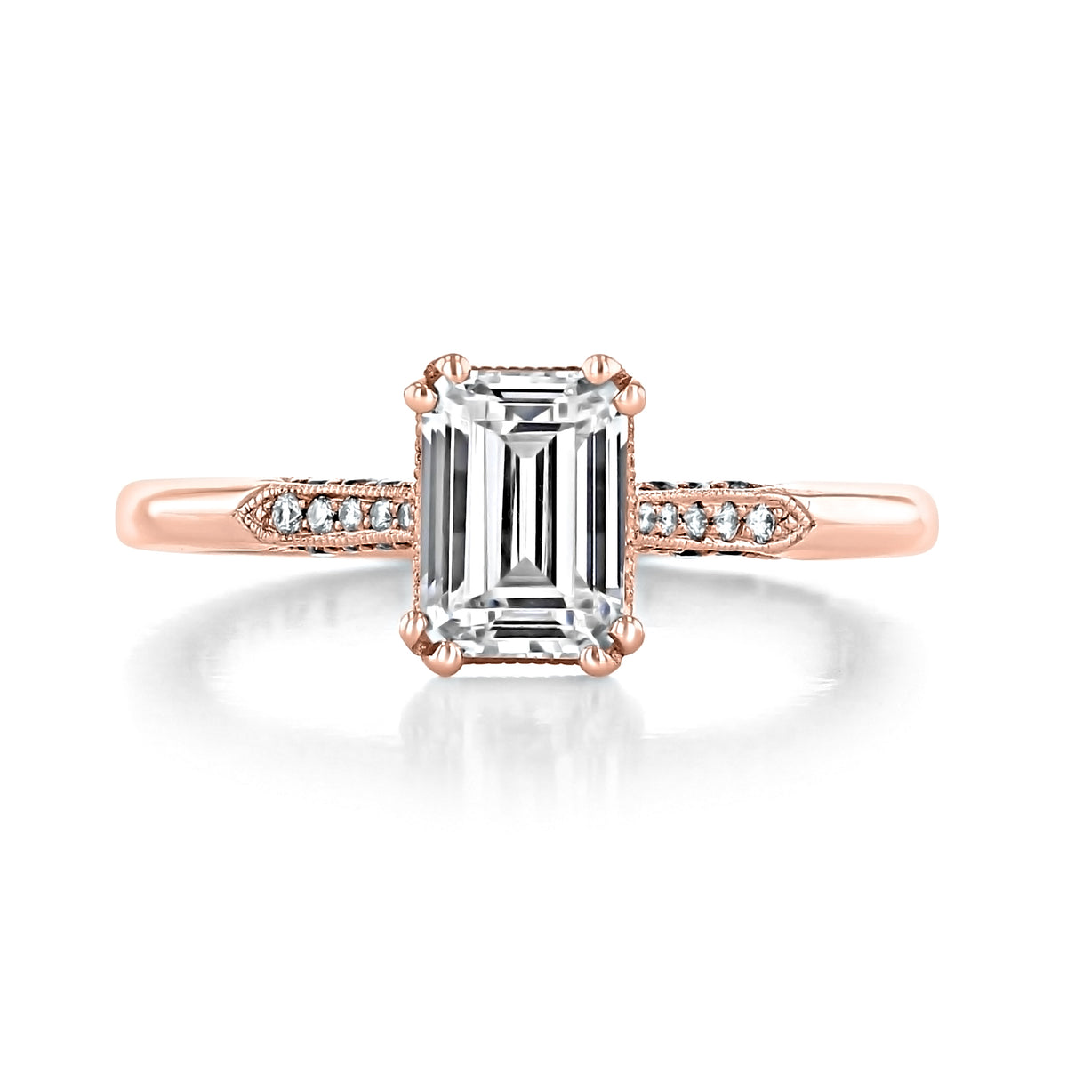 Simply Tacori Emerald Solitaire Engagement Ring - 2651EC7X5PK featuring an emerald-cut solitaire diamond on a rose gold band with pave-set diamonds.
