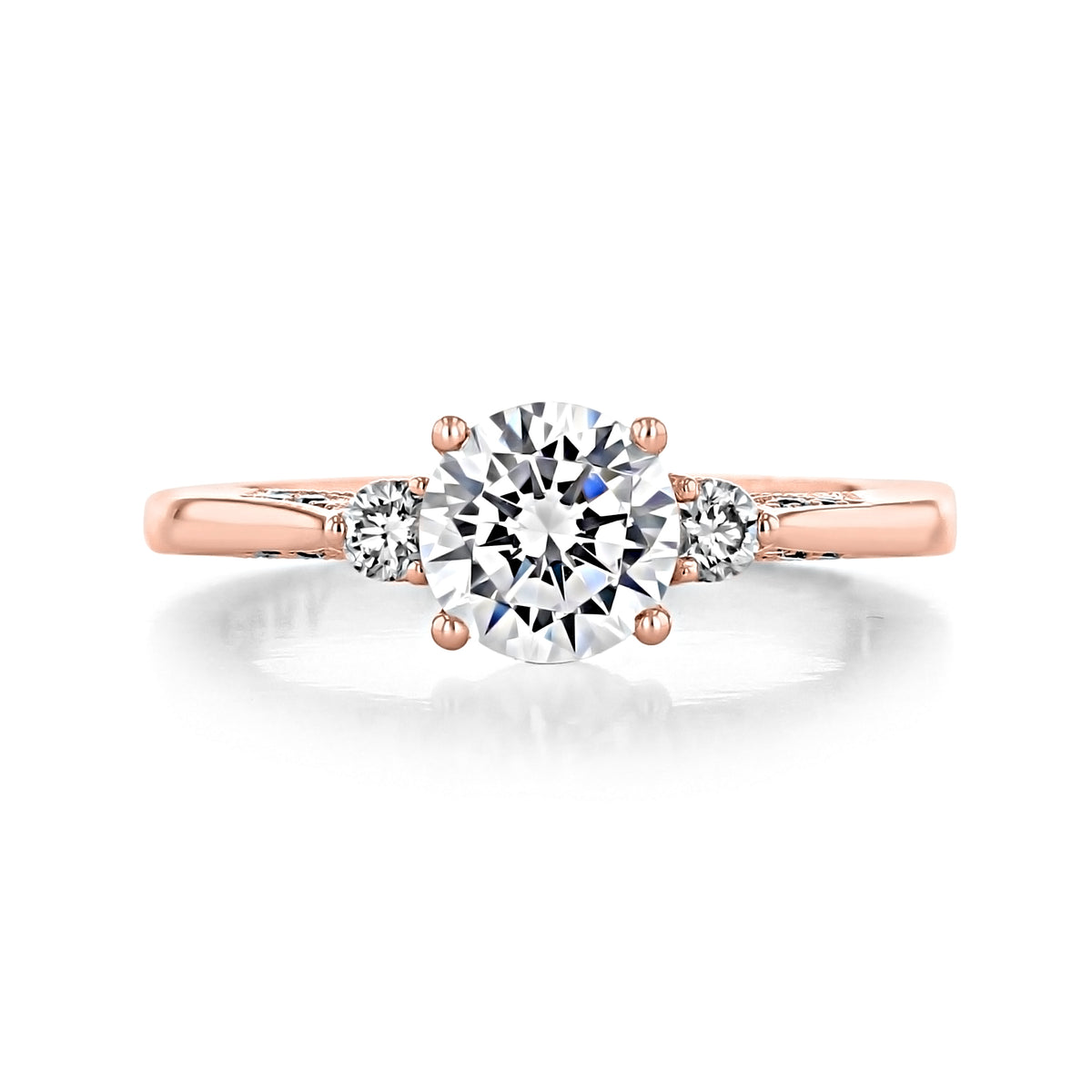 Rose gold Simply Tacori | Round 3-Stone Engagement Ring - 2656RD65PK featuring a large round center diamond flanked by two smaller round diamonds.
