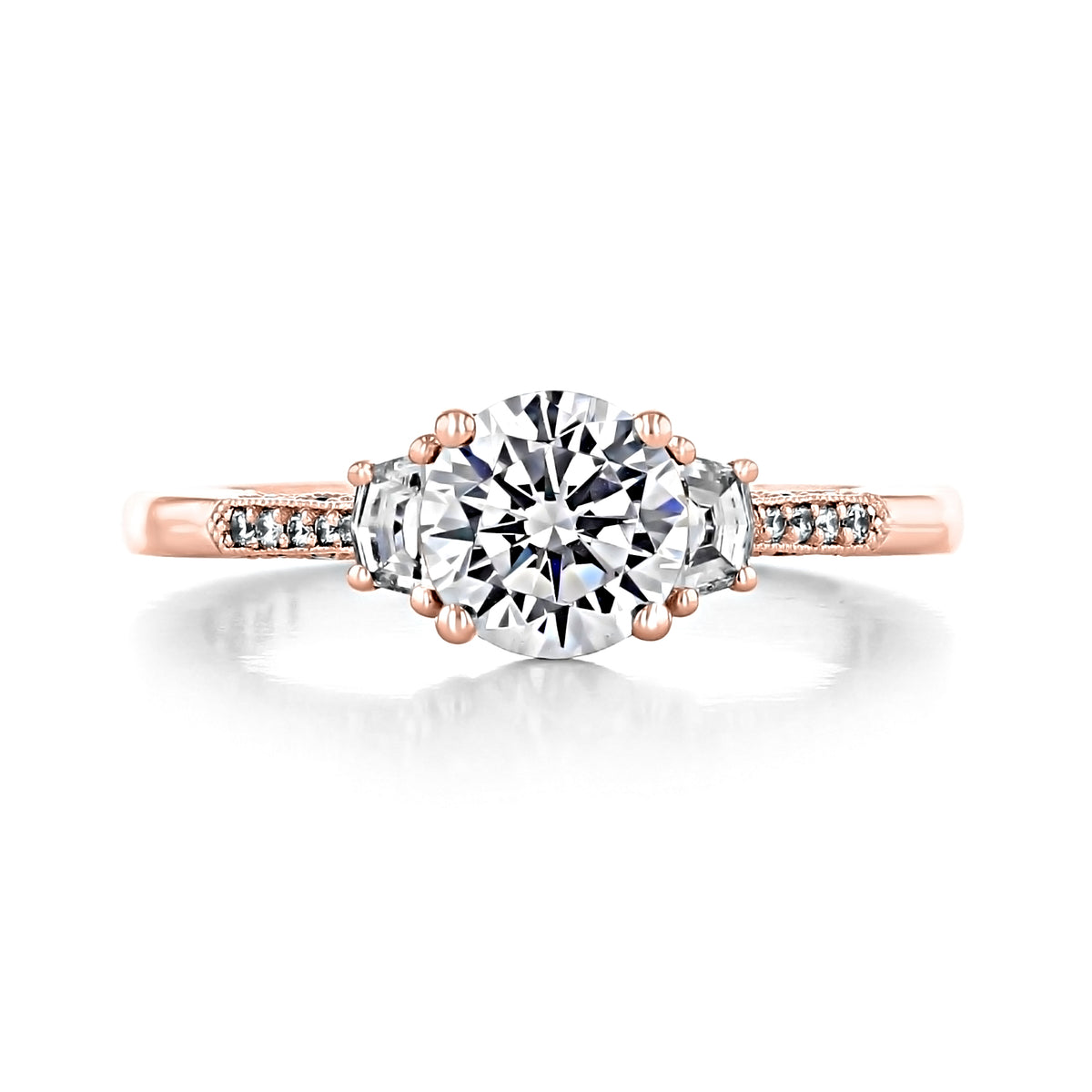 Simply Tacori | Round 3-Stone Engagement Ring - 2659RD65PK featuring a round center diamond flanked by two Cadillac-cut diamonds on a rose gold band set with pavé diamonds.