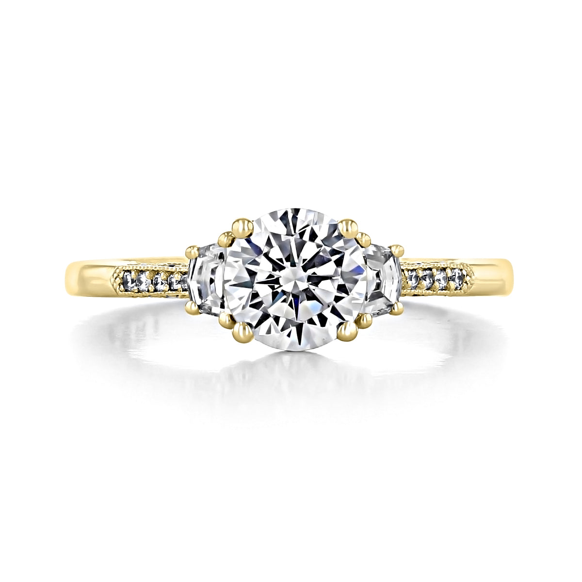 Simply Tacori Round 3-Stone Engagement Ring - 2659RD65Y featuring a round center diamond flanked by two cadillac-cut diamonds on a yellow gold band with diamond accents.