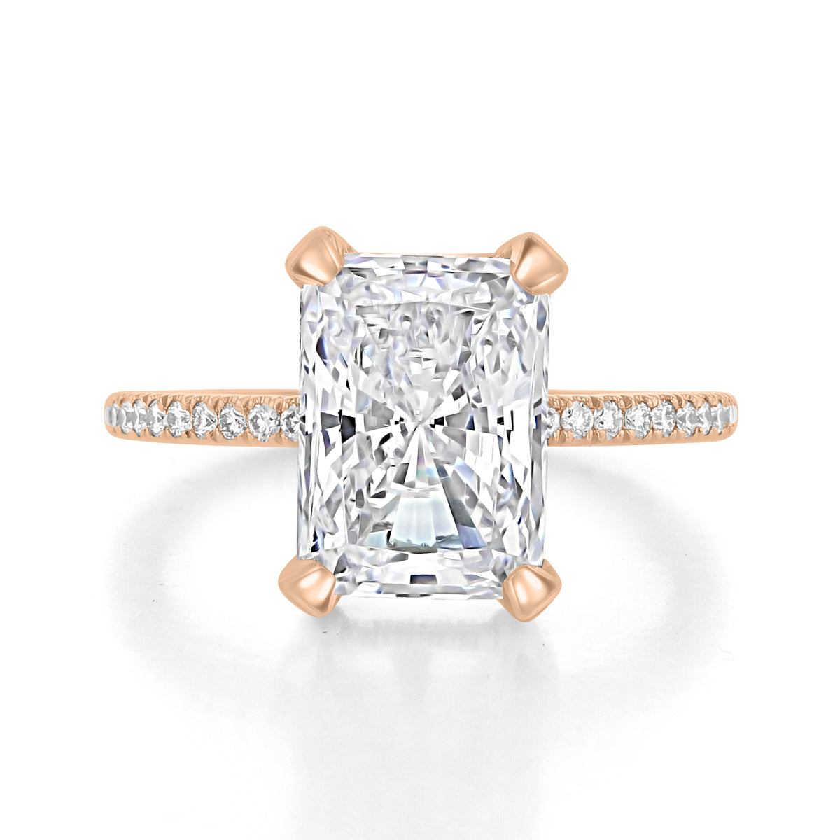 Simply Tacori 267015EC11X8PK emerald solitaire engagement ring in 18k rose gold featuring a rectangular emerald-cut center stone held by four prongs on a diamond-accented band.