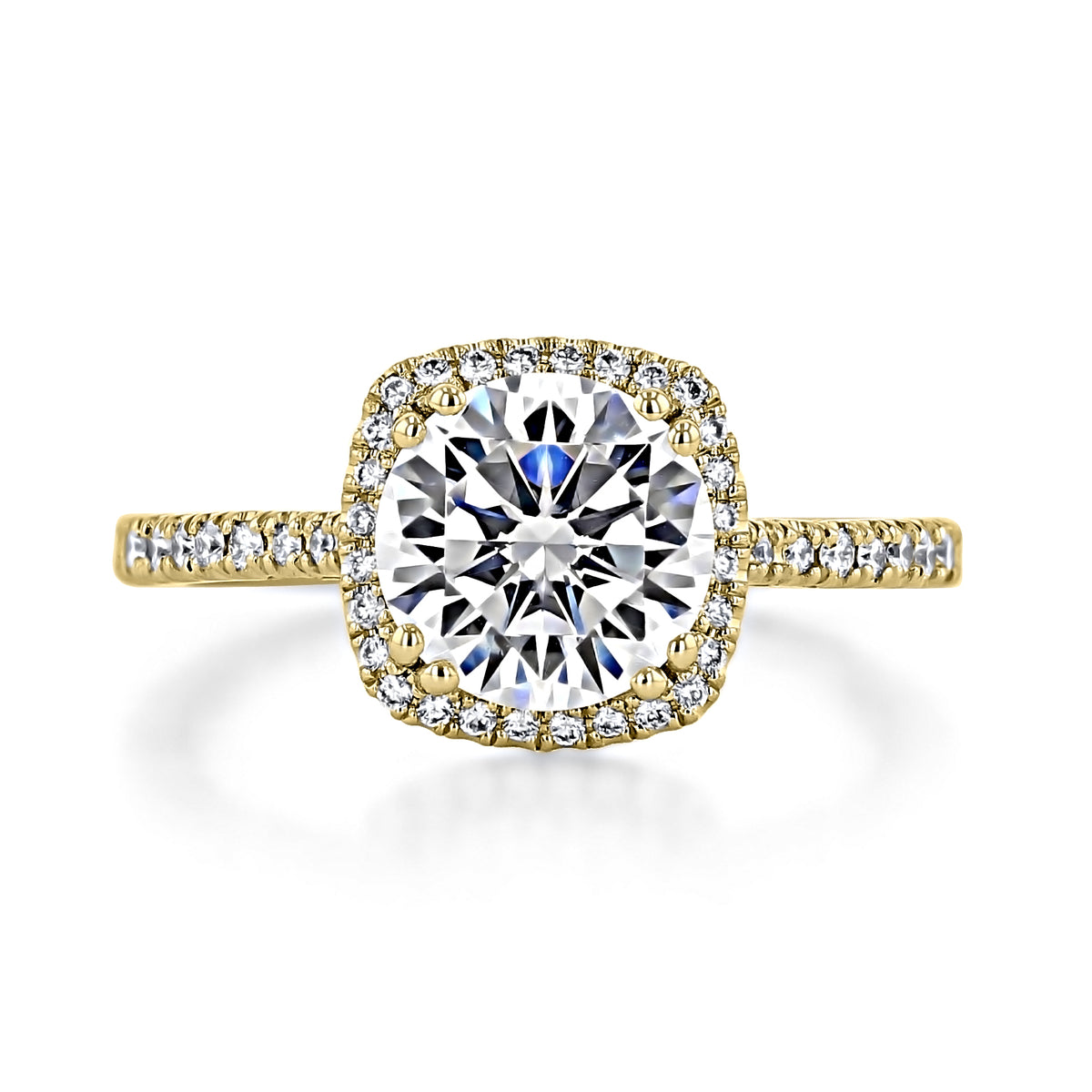 Simply Tacori | Round with Cushion Bloom Engagement Ring - 2677CU8Y, featuring 18k yellow gold, a round center stone, a cushion-shaped bloom of diamonds, and a diamond-encrusted band.