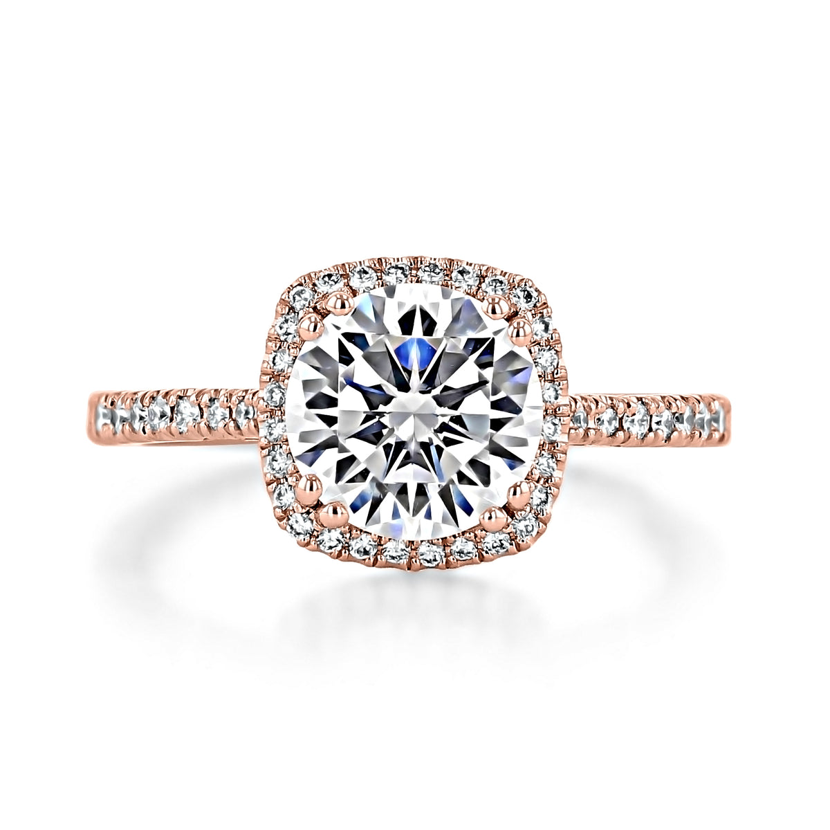 Simply Tacori | Round with Cushion Bloom Engagement Ring - 2677CU8PK featuring a round diamond in a cushion-shaped bloom halo setting with pavé diamonds on an 18k rose gold band.
