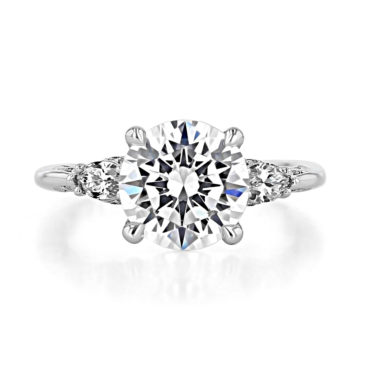 Simply Tacori | Round 3-Stone Engagement Ring - 2685RD9W featuring a large round center diamond flanked by two smaller marquise-shaped side diamonds on a 14k white gold band.