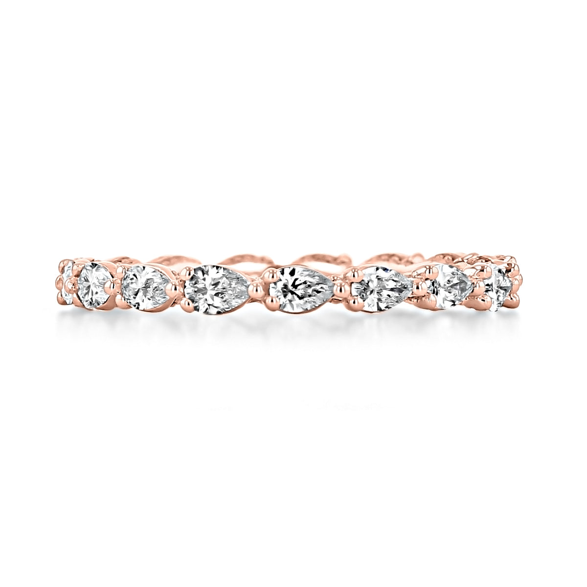 A Tacori Sculpted Crescent | Diamond Wedding Band - 2687BETPK in rose gold, set with a continuous row of pear-shaped diamonds.