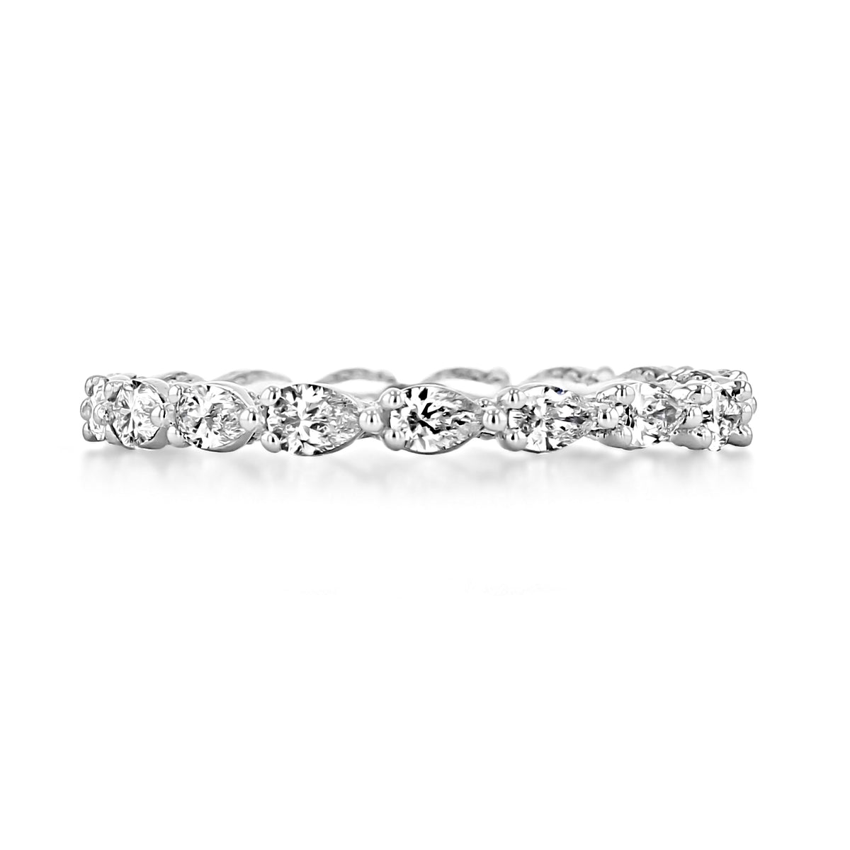 A white gold Tacori Sculpted Crescent | Diamond Wedding Band - 2687BETW set with a continuous row of pear-shaped diamonds.