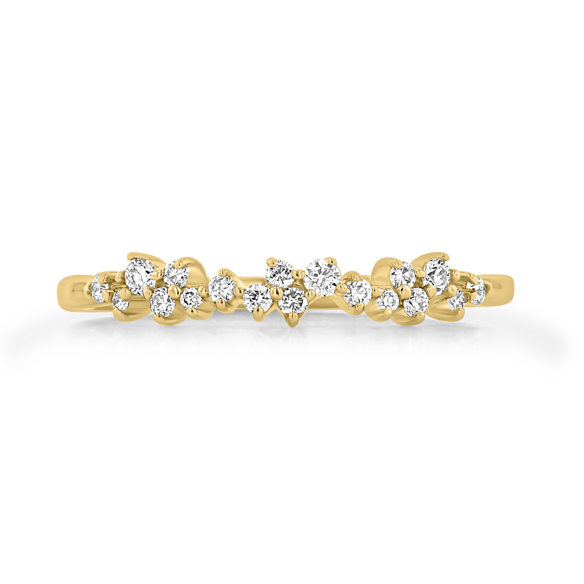Meadow unique cluster diamond wedding band in yellow gold featuring an organic, asymmetrical arrangement of round stones.