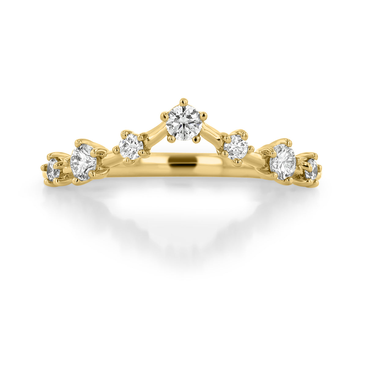 Shasta V-Shaped Curved Diamond Wedding Band in 14k yellow gold, set with seven prong-set round diamonds.