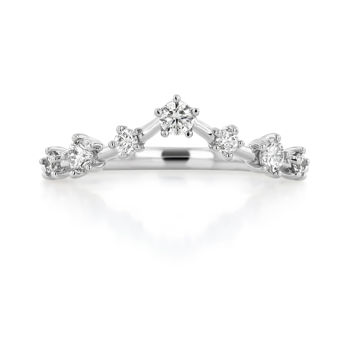 Shasta V-Shaped Curved Diamond Wedding Band set with seven prong-set round diamonds.
