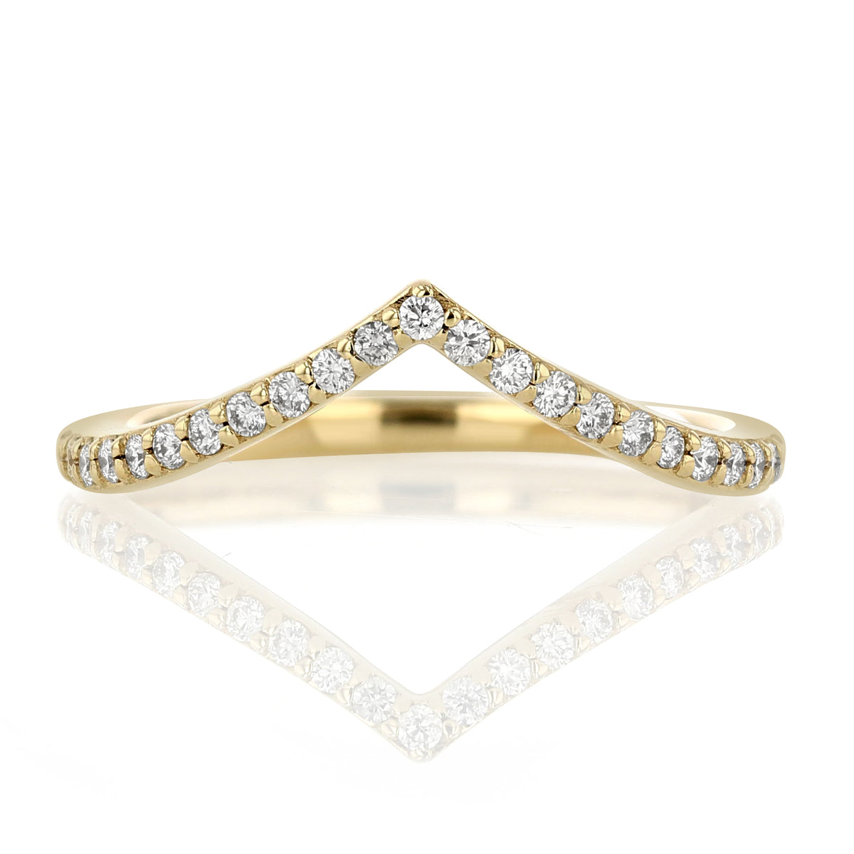 Driftwood V-Shaped Micro-Prong Diamond Wedding Band in gold, featuring a V-shaped curve set with a row of sparkling round diamonds.