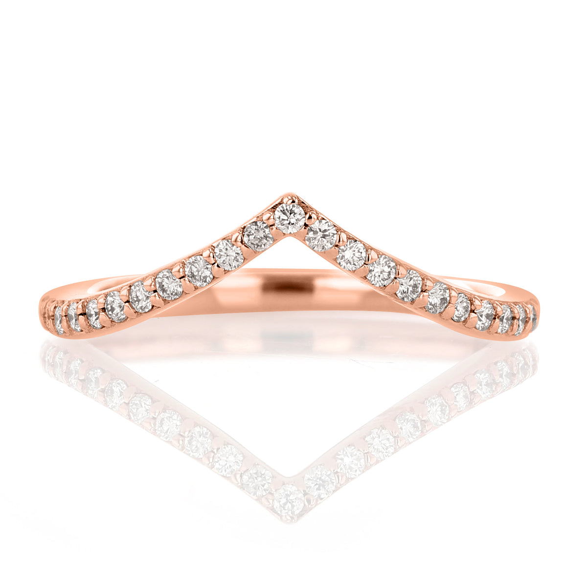 Driftwood | V-Shaped Micro-Prong Diamond Wedding Band in rose gold, set with sparkling round diamonds in a curved V-shape.