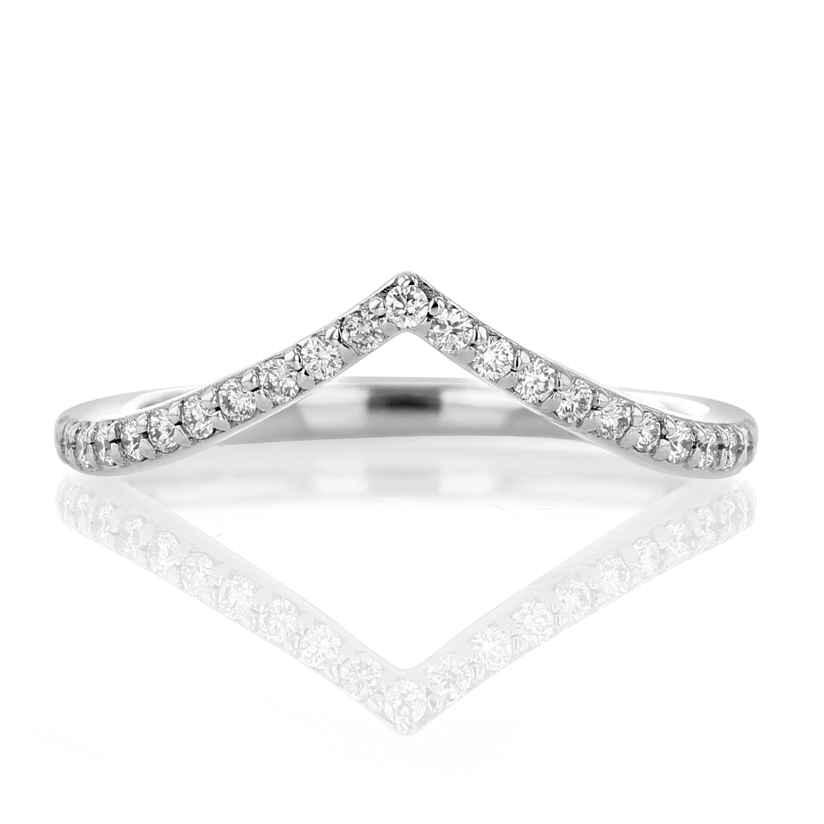 A sparkling, V-shaped silver Driftwood | V-Shaped Micro-Prong Diamond Wedding Band by Gabriel NY set with a row of round diamonds.