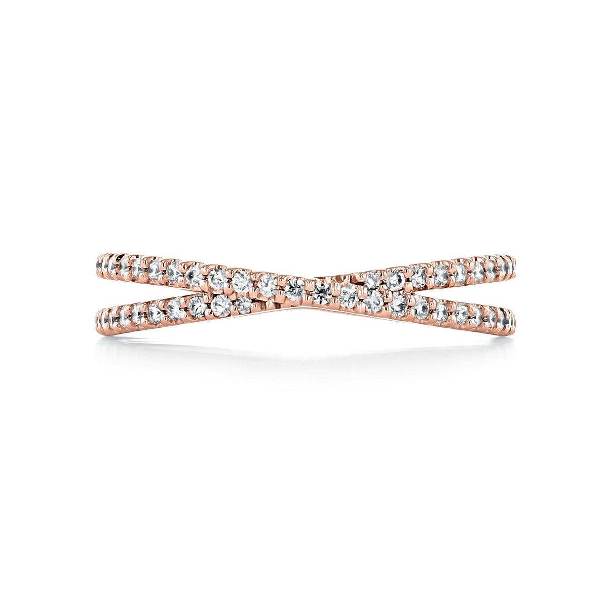 Delta | Criss-Cross Diamond Wedding Band in rose gold with a crossover design and micro-prong set small round diamonds.