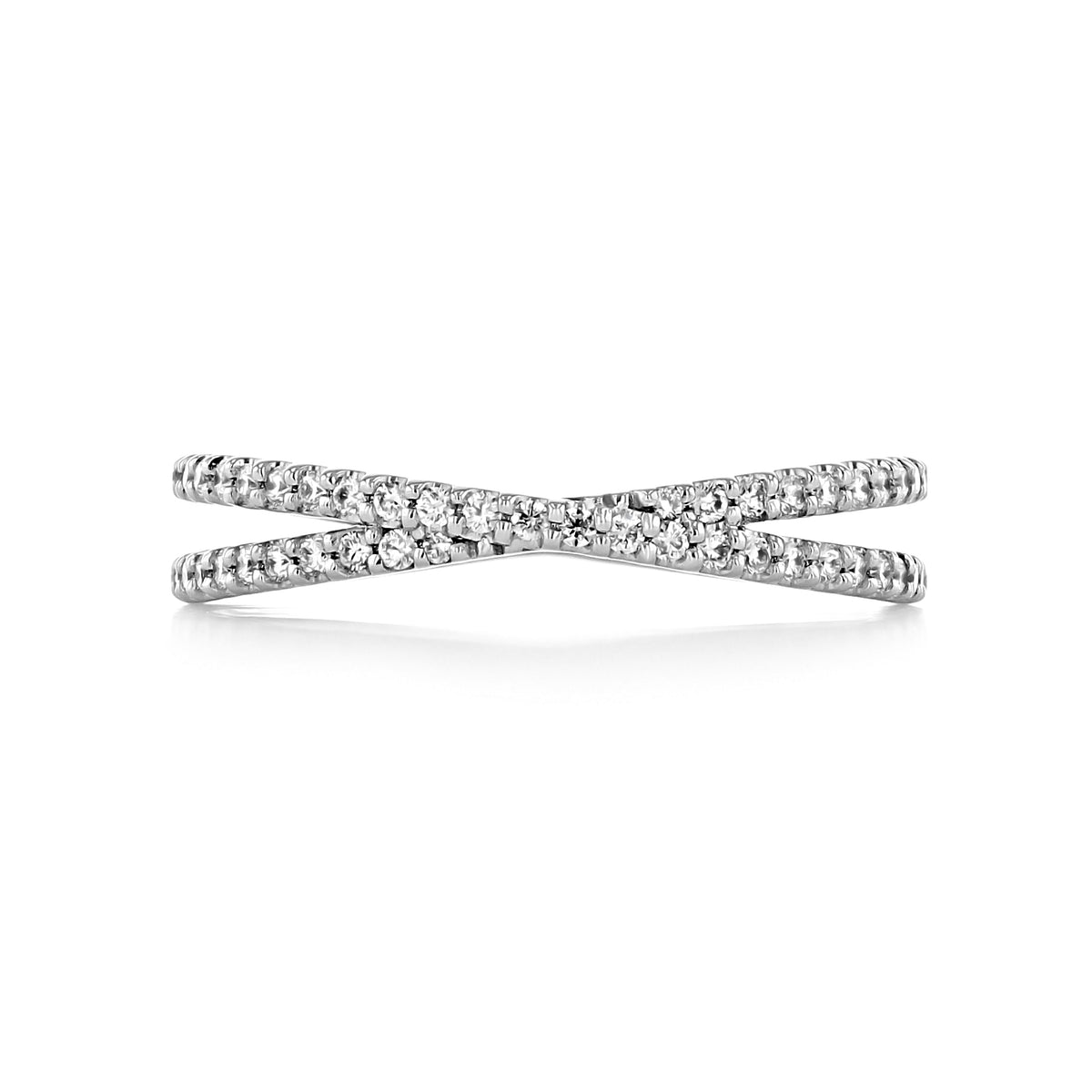 Delta | Criss-Cross Diamond Wedding Band featuring two crossed silver bands micro-prong set with small round diamonds.