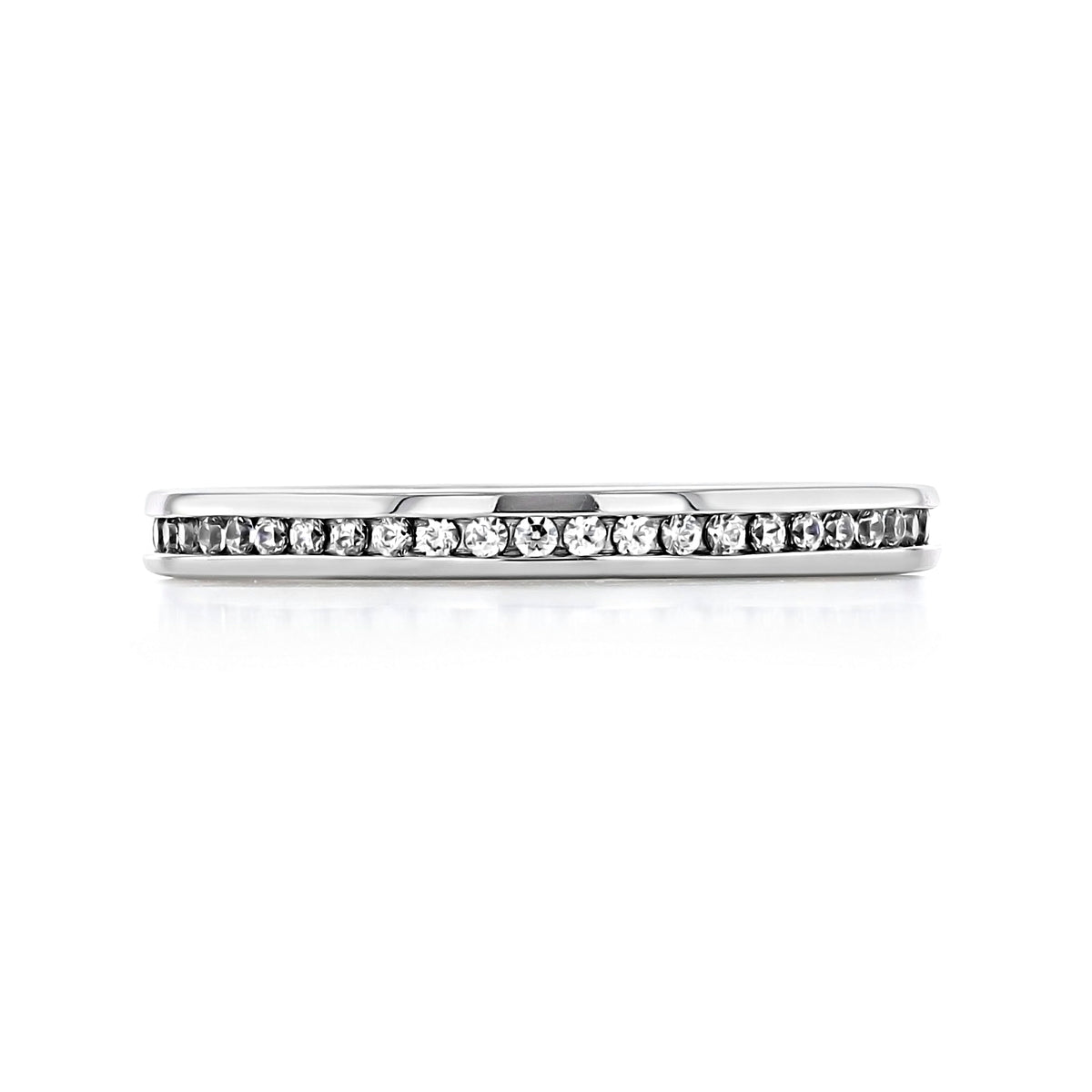 A thin platinum Dana | Channel-Set Diamond Wedding Band featuring a row of channel-set diamonds.