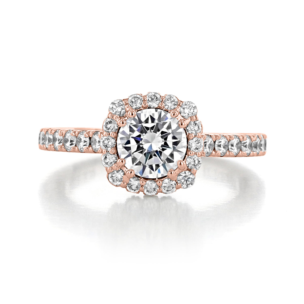 A rose gold Tacori Full Bloom | Cushion Bloom Engagement Ring - 37-2CU65PK featuring a round center diamond within a cushion-shaped halo, with additional stones set along the botanical-inspired basket and band.