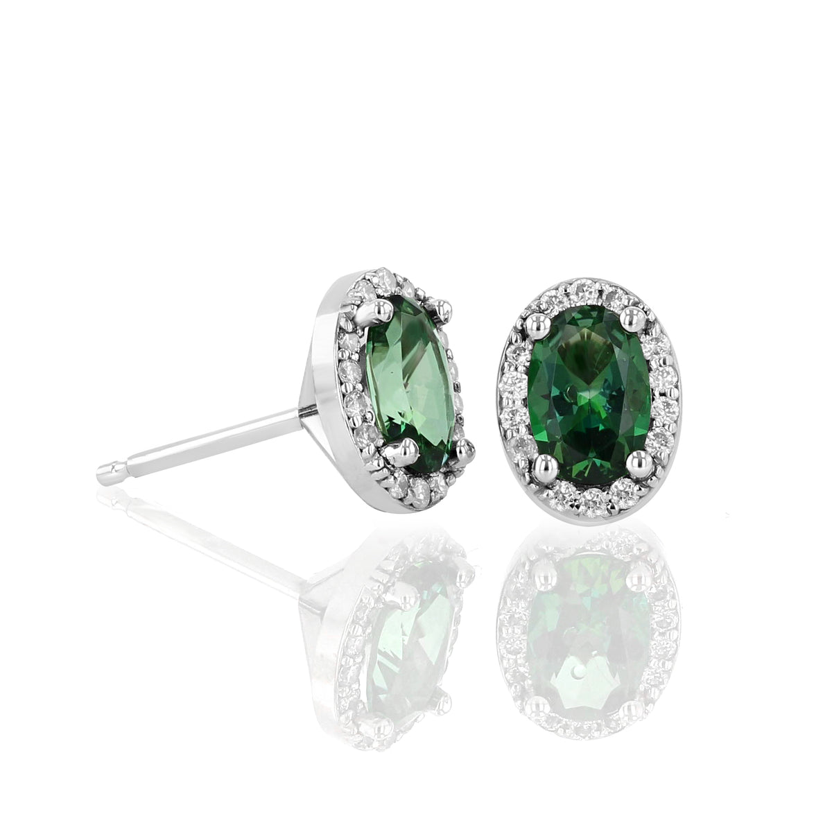 14K White Gold Green Topaz Oval Halo Earrings | 4002119 featuring oval green topaz studs with a diamond halo set in white gold.